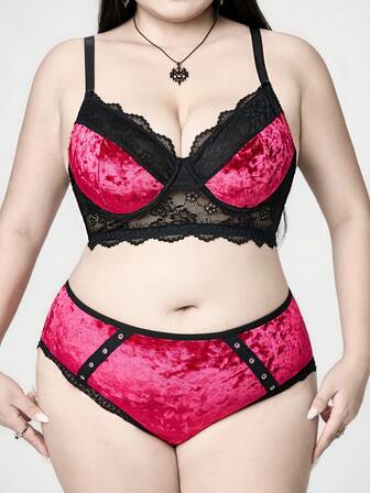 Goth Conjunto de lencería de talla grande con sujetador con aros, encaje y detalles de ojetes en estilo gótico de terciopelo