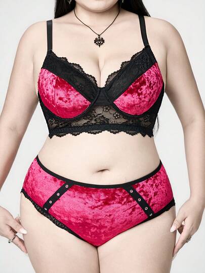 Goth Conjunto de lencería de talla grande con sujetador con aros, encaje y detalles de ojetes en estilo gótico de terciopelo