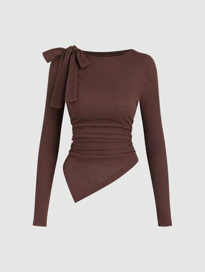 Sweetra French Retro Coffee Bowknot Waist Ruched Formal Party Versatile Ribbed Long Sleeve T-Shirt For Women, Spring/Autumn