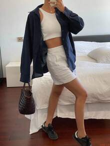 Livesso 女款素色休閒百搭寬鬆長袖翻領口袋襯衫，春夏秋上衣，適合校園穿搭 - 藏蓝色 - 查看 6