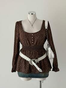 Sunspun 大码女式碎花长袖U领衬衫，甜美可爱 - 棕色 - 查看 6