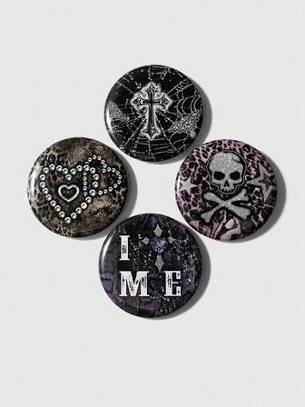 4pcs Y2K Retro Punk Goth Aesthetic Anime Pins Set, Including Purple/Black/Leopard Print, Snake Print, Spider Web, Bat, Cross, Heart, Skull Designs, Silver Brooch Accessories Suitable For Girls, Friends, Gifts