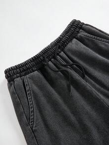 Oversized Straight Leg Jeans For Tween Boys, Casual Street Style, Black Washed Denim With Star Embroidery Design, Elastic Waistband And Drawstring For Comfort, Versatile Fashion Item For Daily Wear, Casual Outings, School, And Weekend Streetwear - Black - View 7