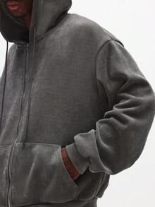 SUMWON 经典全拉链连帽衫，带抽绳兜帽，罗纹纹理，休闲日常舒适 - 深灰色 - 查看 3