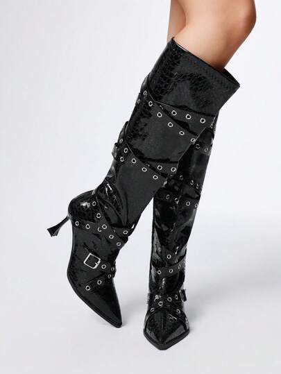 Grunge Punk Pointed Toe, High Shaft, Thin Heel Over The Knee Boots, Women's Sexy Lady Rider Boots Black Boots Fall