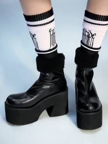 Sugerpunk Women's Fashion Back Zipper Thick Sole Elastic Faux Fur Collar Ankle Boots For Christmas - Black - View 5