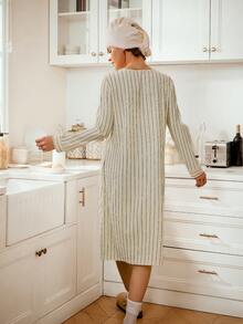 SHEIN 女士条纹针织休闲家居连衣裙，冬季 - 杏色 - 查看 4