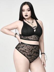 ROMWE Plus Size Gothic Butterfly Lace Trim Bralette & High Waist Panty Set - Black - View 5