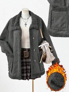 Sweetra Áo khoác ngắn tay dài lót nhung hươu thanh lịch cỡ lớn mới dành cho nữ, dài vừa, dày, mặc được cả hai mặt, mùa đông - Màu xám đen - Xem 1