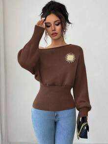 Selianne Women's Lantern Sleeve Sunflower Metal Decor Waist Sweater With Asymmetric Shoulder Design - Coffee Brown - View 3