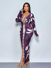 SOLERSUN Vestido largo elegante de mujer con estampado floral de cintura alta, manga larga, escote en V profundo y elegante para otoño - Morado - Ver 4