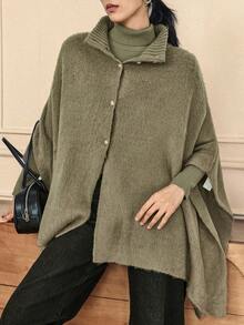 Dazy-Less Suéter de mujer de unicolor con cuello alto y mangas de murciélago, de moda para el uso diario, otoño/invierno - Caqui - Ver 4