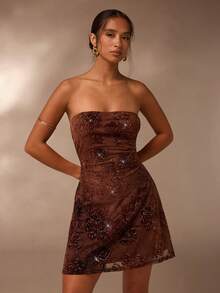 Glamine Fashionable Women Floral Bandeau Mini Dress Brown Dress Bronze Dress Strapless Dress Brown Wedding Guest Dress Earth Tone Dress Brown Formal Dress Chocolate Brown Dress