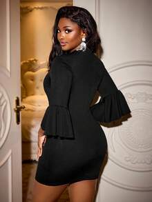 SHEIN LUNE Women's Sexy Waist Cinched Mini Dress With Metallic Cutout Decor, Flared 3/4 Sleeve, Streetwear Style, Suitable For All Seasons - Black - View 2