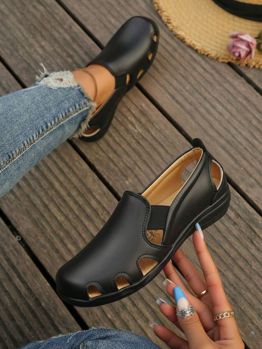 Zapatos de mujer transpirable artesanal punta cerrada sin cordones suela baja estilo casual para oficina sandalias - Negro - Ver 1
