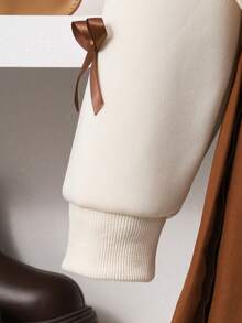 SHEIN 2pcs/Set Apricot Bow Sleeve Sweatshirt & Coffee Pleated Skirt Sweet School Style Outfit, Suitable For Outing, Vacation, Back To School - Apricot - View 3