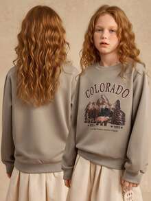 SHEIN Tween Girl 休闲圆领 Mountain 字母印花卫衣 - 咖啡棕 - 查看 3