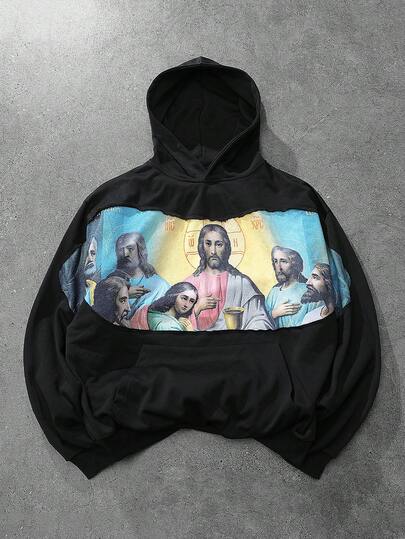 Street Life Sudadera con capucha casual de doble capa con parches de Jesús para hombres