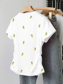 Resyla Women's Round Neck Waist Cinched Short Sleeve T-Shirt,Y Pineapple Print Design, Classic White, Casual Versatile Everyday & Outdoor Wear