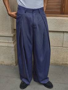 AXEPEAK Men's Casual Commuter Striped Wide Leg Pants - Navy Blue - View 1