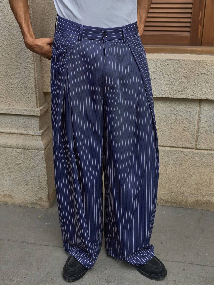 AXEPEAK Men's Casual Commuter Striped Wide Leg Pants - Navy Blue - View 1