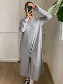 DAZY Women's Minimalist Solid Color Knit Long V-Neck Casual Dress, Autumn/Winter, Moo Moo Night Dress
