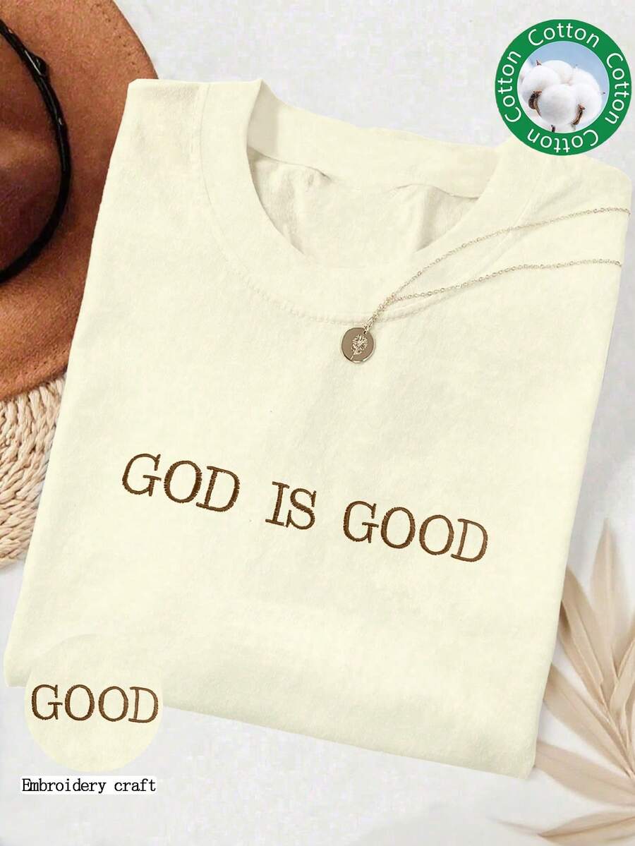 INAWLY God Is Good Embroidered Simple Christian Faith Comfortable Color Shirt, Faith Shirt, Faith T-Shirt, Church Group Shirt, Women Round Neck Embroidered T-Shirt