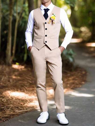 SHEIN 2pcs Tween Boy Spring/Summer Korean Style Slim Fit Suit For Wedding, Banquet, Piano Performance, Host - Includes LAsymmetricalgular Vest + Straight Casual Pants, Suitable For Parties, Hosting, Performances, Gatherings, Runway, Christening, Business, Birthday, Wedding, Graduation, Appropriate For Spring/Summer