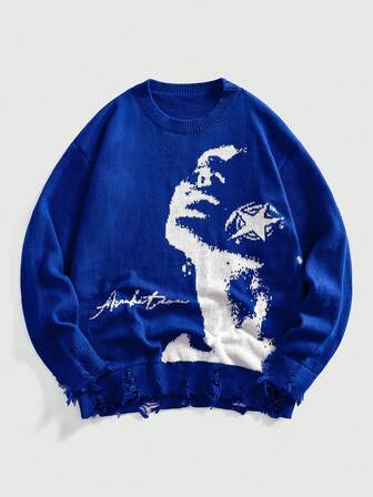 ROMWE Avant Men's Crew Neck Punk Distressed Portrait Graphic Sweater