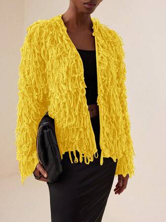 Vesra Women's Solid Color Loose Fringe Long Sleeve Cardigan Fall Winter Cloth For Women