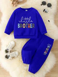 2件套男婴休闲彩色字母印花圆领卫衣和运动裤套装，适合秋季穿着，男婴运动服，出门服，弟弟装，皇家蓝男婴服装，男婴衣服，字母图案 - 寶藍色 - 查看 5