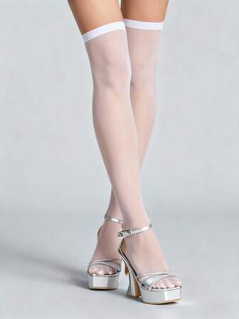 Anime 1 Pair Pure Minimalist Style Over-The-Knee Socks, Sexy White Solid Color School Uniform High Socks, Ultra Thin Elastic See-Through Stockings