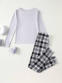 2pcs/Set Girls Plaid Print Heart Pattern Long Sleeve Top And Pants Snug Fit Casual Loungewear,Tween Girl Pajamas For Fall&Winter Clothings - Grey - View 2