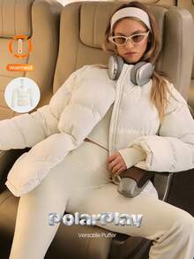 GLOWMODE Jachetă pufoasă PolarPlay, moale, caldă, rece, hidrofugă, ușoară, cu manșete reglabile, talie, mâneci detașabile, guler, toamnă și iarnă, pentru exterior, zilnic, casual