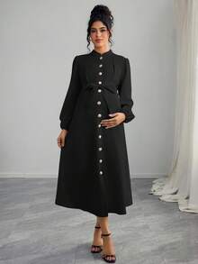 Momance Maternity Stand Collar Long Sleeve Metal Single-Breasted Tie-Waist Casual Dress - Black - View 5