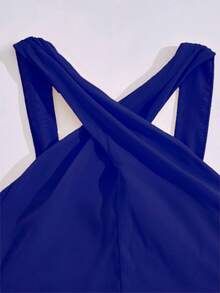 Tween Girls' Round Neck Sleeveless Waist Splicing Pleated Elegant Party Jumpsuit - Blue - View 5