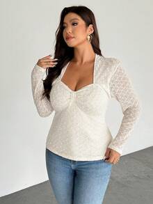 Firerie Femmes grande taille Élégant décontracté Vacances Minimaliste Froncé Col V Texture Tissu extensible Manches longues T-shirt, Automne/Hiver - Nude - Voir 3