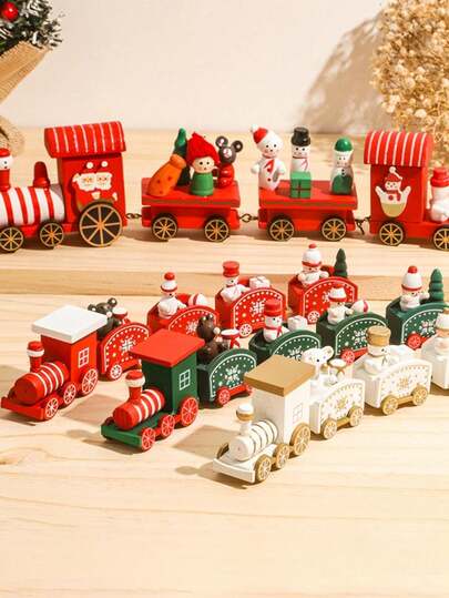 1 pieza Adorno de tren de madera de cuatro secciones navideño, regalos para fiestas navideñas, decoración navideña de madera linda para ventana, jardín, mesa, decoración de fiesta navideña, decoración colgante navideña, decoración navideña para el hogar
