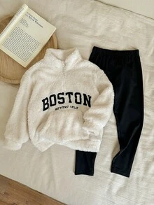 SHEIN 少女可爱字母印花立领蓬松上衣&松紧腰长裤套装 - 黑與白 - 查看 4