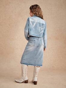 Ținută din două piese, din denim spălat vintage, cu imprimeu cu inimă și tiv cu franjuri, pentru fete preadolescente, versatilă pentru toate anotimpurile - Spălare ușoară - Vizualizare 2