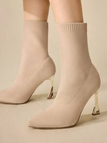 CUCCOO BASICS Women's Pointed Toe Daily Wear High Heel Ankle Boots - Apricot - View 7