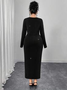 Modelyn Elegant Black Long Sleeve Dress, Waist Ruffle Floral Decor Slit Fitted Mid-Calf Dress/Gown/Evening Wear/Formal Dress - Black - View 2