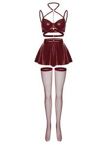 5pcs Set: Sexy PU Leather Chain Halter Bra Top, Mini Skirt, Fishnet Stockings