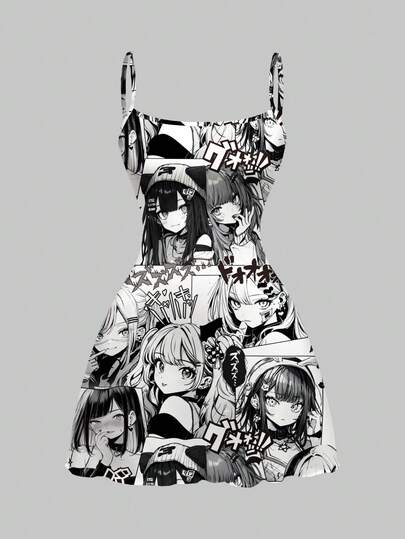 Anime Y2K Anime Girl Black White Gray Vintage Sexy Allover Print Mini Slip Dress For Women