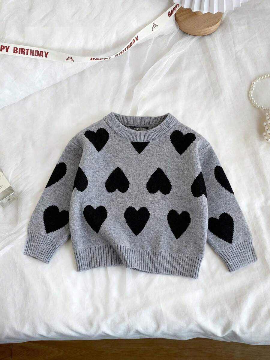 SHEIN Playful Pals Áo len dài tay dệt kim họa tiết trái tim dễ thương thời trang cho bé gái, thích hợp cho mùa thu/đông. - Xám - Xem 1