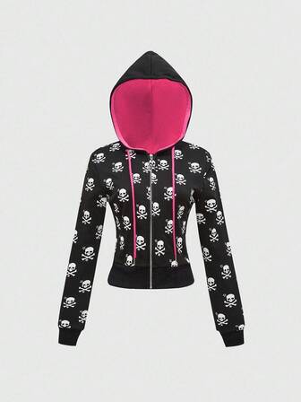 J-Fashion Halloween GAL Stil Skelett Muster Kontrast Farbe Figurbetonter Damen Sweatshirt