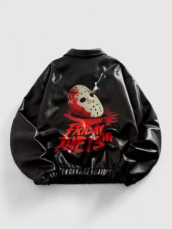Friday the 13th X ROMWE Men Fall Cool Mask & Letter Graphic PU Leather Jacket
