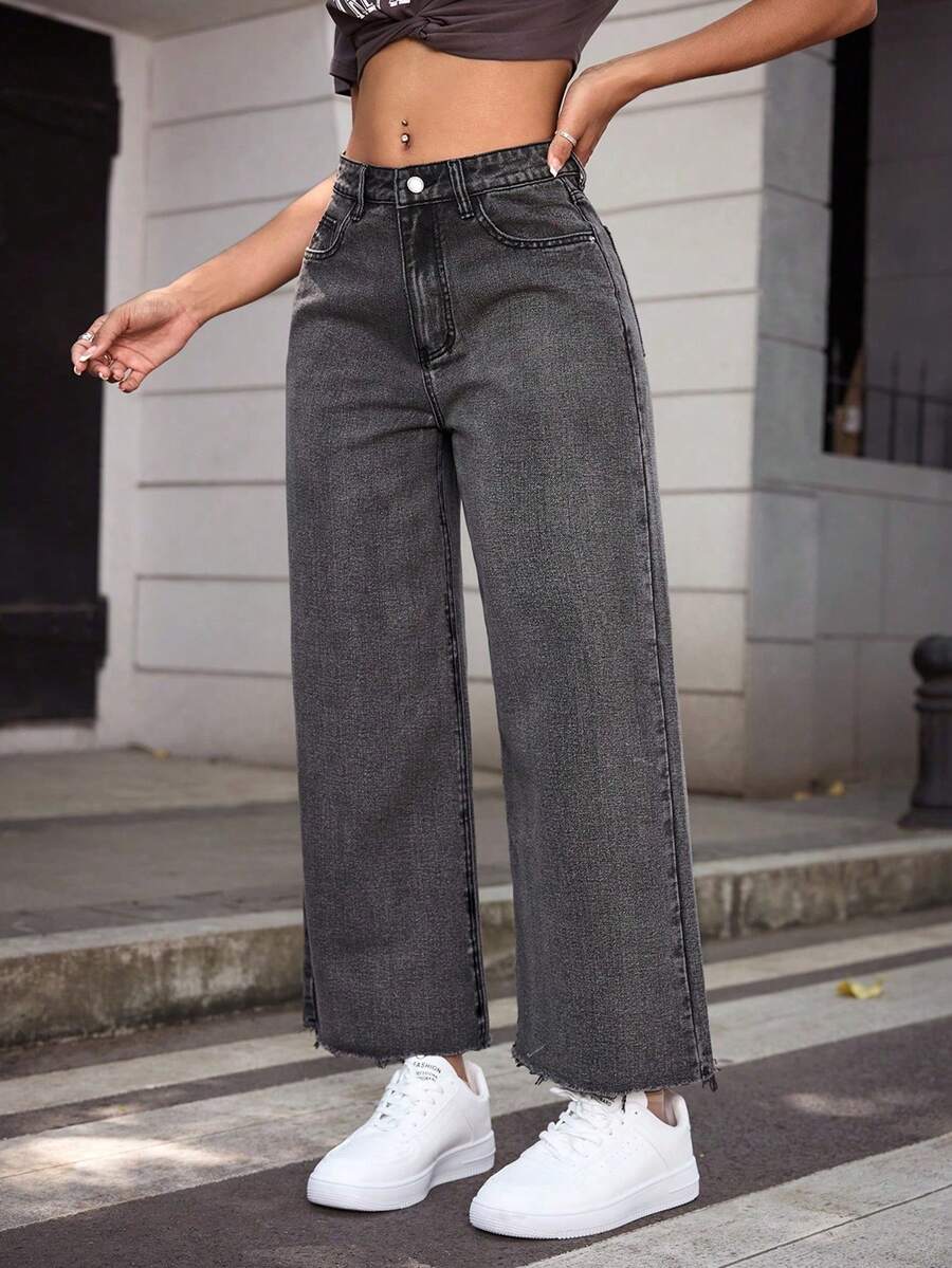 Jeanoix Petite Y2K 女士直筒七分牛仔裤 - 灰色 - 查看 1