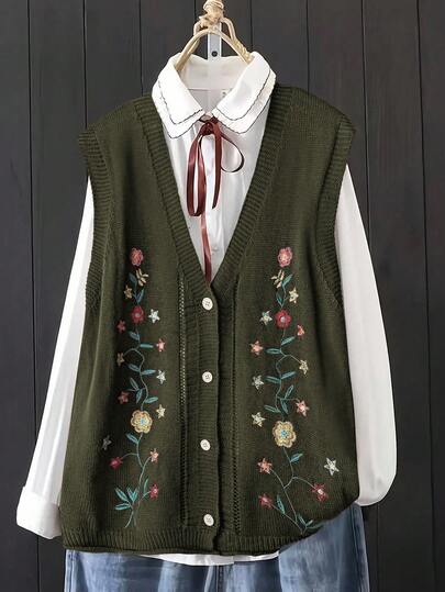 Linhara 加大码V领无袖前扣复古优雅刺绣开衫