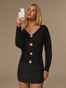 Glamine Women's Elegant V-Neck Metal Button Knit Pullover In Black - Black - View 3